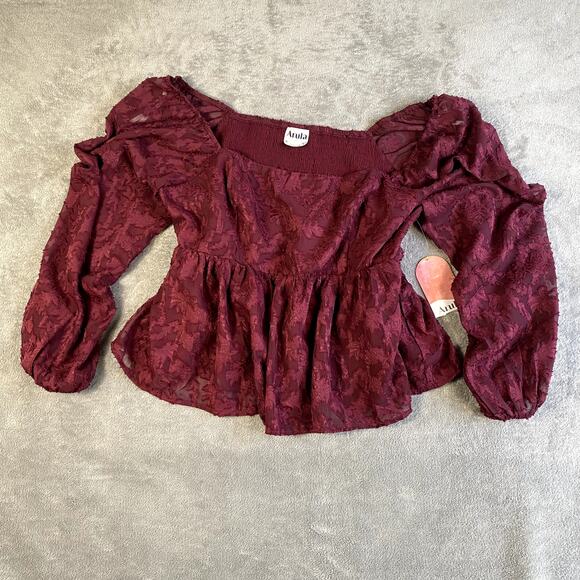ARULA Tops - Arula Burgundy Lace Bishop Sleeve Top Women's XL NWT Boho Cottagecore Milkmaid